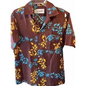 Pomare Vintage Men’s M Brown Floral Polyester SS Button Down Hawaiian Shirt